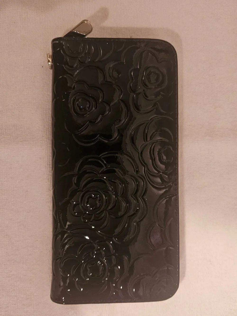 Glossy Black Floral Zip-Around Wallet